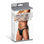 A package by Male Power stands on a white backdrop with a male model on it wearing a black cage strap jock.