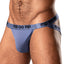 A male model wears a blue strappy jock with a seamless pouch.