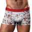 A male model wears a pair of sheer christmas pattern briefs with a red waistband.