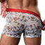 Back view of a male model wearing a pair of Christmas themed briefs with a full coverage back. 