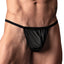 A male model wears a black micro thong with moisture-wicking material.