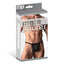 A package by Male Power stands against a white backdrop and has a male model on it wearing a black micro mesh posing strap thong.