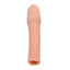 A flesh coloured 3 inch penis extender sleeve stands against a white backdrop with a sculpted head and a phallic ridge.