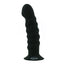 A black dildo stands on a white backdrop with a bulbous head and a curved shaft. 