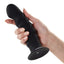 A hand model holds a black ribbed dildo with a flared stopper base, 