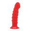 A mini red silicone dildo stands on a white backdrop with a bulbous head and curved shaft.