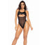 A model wears a wet sheer mesh  cutout teddy with a contrasting wet-look peekaboo effect all over. 