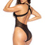 Back view of a model wearing a black sheer underboob cutout teddy with an all-mesh Brazilian-cut rear. 