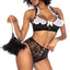 A model wears a 3 piece French maid lingerie set with a halter bra, lacy panties and matching headband. 