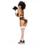 Back view of a model wearing a 3 piece lingerie set with adjustable halter ties plus hook & eye closures. 