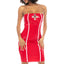 A model wears a wet look nurse tube dress in a red and white latex design. 