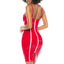 Back view of a model wearing a red and white vinyl tube dress with detachable shoulder straps. 