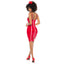 Back view of a model wearing a red and white vinyl tube nurse dress with a white zip-up back closure. 