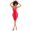 A model wears a red and white nurse vinyl costume with a square neckline and pencil design. 