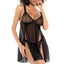 A model wears a black sheer net mesh babydoll dress and panty with a geometric diamond-shaped pattern. 