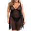 A curvy model wears a black sheer net mesh babydoll dress and panty with a geometric diamond-shaped pattern. 