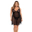 A curvy model wears a sheer black net babydoll dress and panty with side slits from hem to bust. 