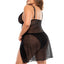 Back view of a plus side model wearing a black sheer babydoll and panty with adjustable shoulder straps. 