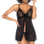 A model wears a black sheer lace babydoll with thong that features a split in the middle of the dress. 