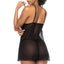 Back view of a model wearing a sheer black mesh babydoll revealing a matching g-string underneath. 