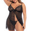 A curvy model wears a black sheer lace babydoll with thong that features a split in the middle of the dress. 