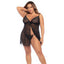 A curvy model wears a black sheer lace babydoll and thong with a patterned lace bust and satin bow detail. 