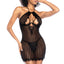 A model wears a mesh chemise & g-string with elongating sheer pinstripes running vertically down the chemise.