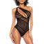 A model wears a black sheer cut-out mesh bodysuit with an asymmetrical one shoulder design.