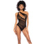 A model wears a black sheer mesh one shoulder bodysuit with plain and geometric patterned panels. 