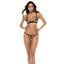 A model wears a nude floral lace bralette and thong with a black bowtie at the centre-front of the bust. 