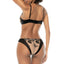 Back view of a model wearing a black and nude mesh bra, garter and panty set with adjustable shoulder straps. 