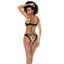 Back view of a model wearing a nude and black sheer floral 3 piece lingerie set with low-waisted hipster panties. 