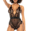 A model wears a plunging neckline strappy black teddy with sheer mesh and dainty scalloped eyelash lace. 