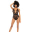 A model wears a black eyelash lace strappy teddy with a plunging v neckline and satin waistband. 