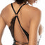 Back view of a model wearing a black eyelash lace strappy back open teddy with a gold metal o-ring. 