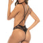 Back view of a model wearing a black sheer floral lace teddy with adjustable criss-cross straps at the bottom rear. 