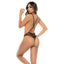 Back view of a model wearing a black eyelash lace teddy with a thong-style rear bottom. 