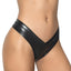 A model wears a black wet look  thong with a low V in the front. 