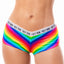 A model wears a bright rainbow patterned pair of rainbow shorts with a white elastic waistband with THEY/THEM printed in black. 