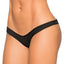 A model wears a black thong with a low-rise v front design. 