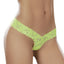 A model wears a lime green soft floral lace thong panty with a low-rise v front design. 