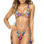 A model wears a multi-coloured crotchet print cross-back monokini with a generous naval cut-out.