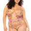 A plus size model wears a pink and nude sheer mesh gartered bodysuit with floral embroidery.