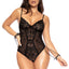 A model wears a black floral print sheer lace teddy with detachable dual wrist wraps. 