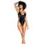 A model wears a black wet-look bodysuit with  a generous V neckline and a peaked underwire. 