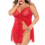 A plus size model wears a red sheer mesh babydoll with a curtain like front split. 