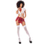 A model wears a 2 piece school girl costume with a red plaid skirt with dual thigh slits. 