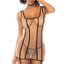 A model wears a square neck mesh chemise with a stripe pattern in contrasting black against nude mesh. 