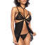 A model wears a sheer black babydoll with a collared cage strap design with metal o-rings.