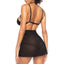 Back view of a model wearing a sheer black strappy lace babydoll with adjustable shoulder straps. 